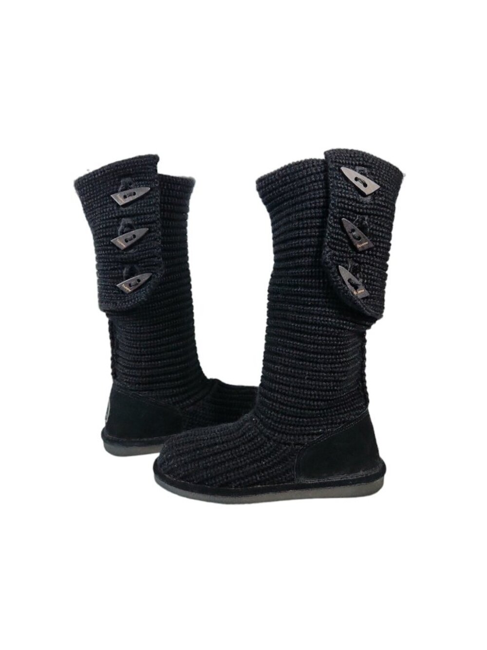 Bearpaw Knit Suede Boots Tall Black 658W Sheepskin Footbed Women's 7 Shoes